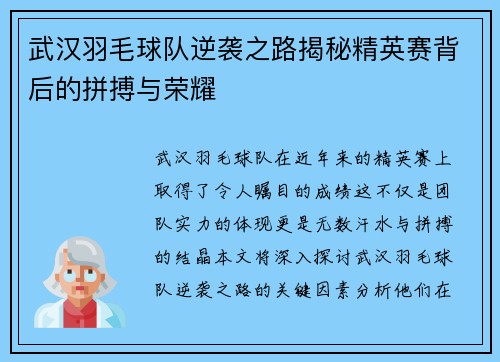 武汉羽毛球队逆袭之路揭秘精英赛背后的拼搏与荣耀