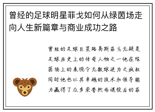 曾经的足球明星菲戈如何从绿茵场走向人生新篇章与商业成功之路